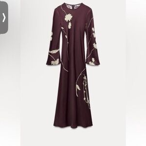 Zara Deep Purple White Floral Bodycon Satin Midi Long Sleeve Dress Size S NWT